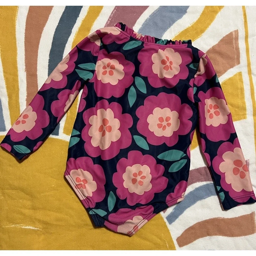Carter's Girls 12M Long Sleeve One Piece Swimsuit Floral Pink Navy Green
